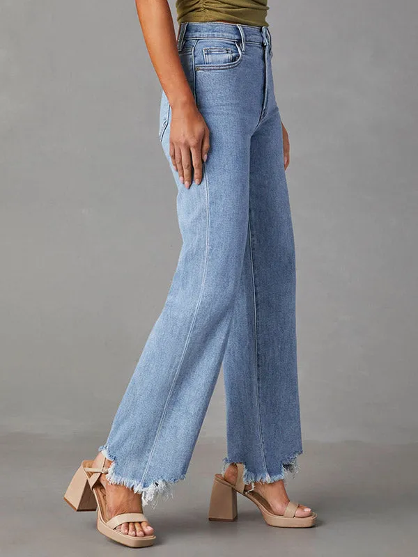 High Waisted Straight Leg Fringed Split-Joint Jean Pants Bottoms