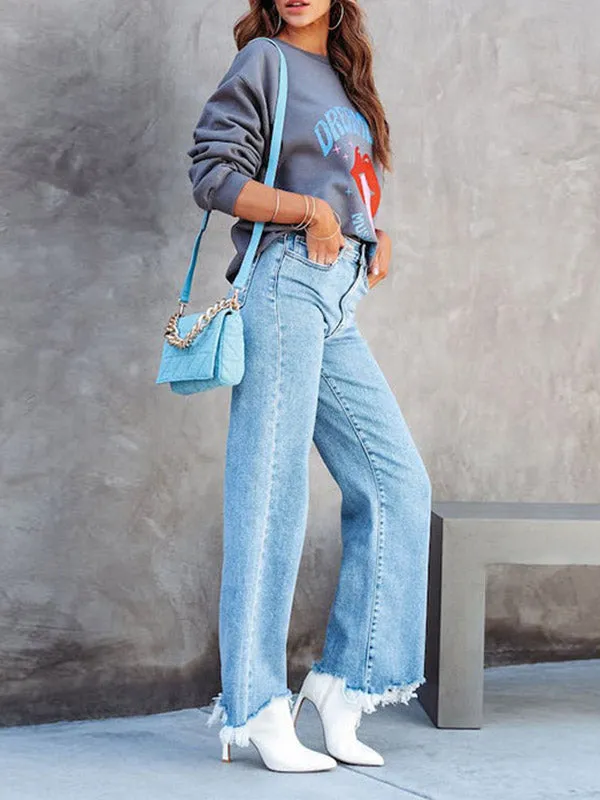 High Waisted Straight Leg Fringed Split-Joint Jean Pants Bottoms