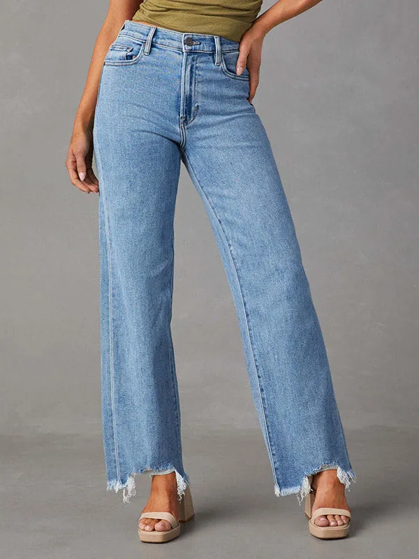 High Waisted Straight Leg Fringed Split-Joint Jean Pants Bottoms