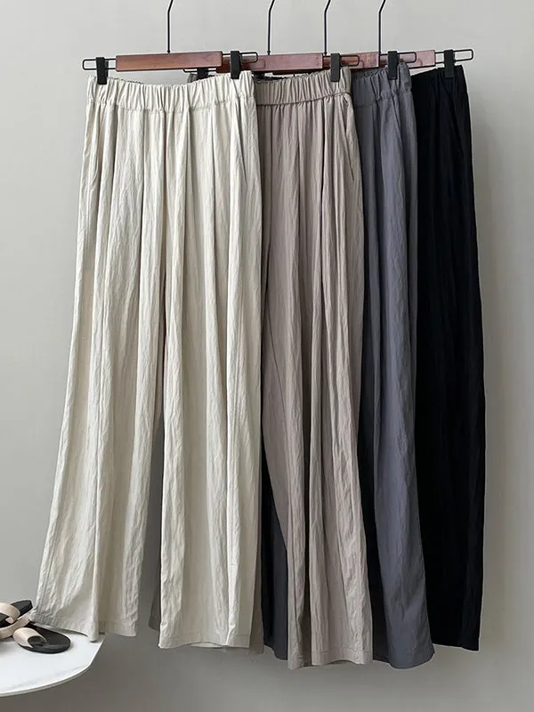 High Waisted Wide Leg Elasticity Pleated Solid Color Casual Pants Bottoms Trousers