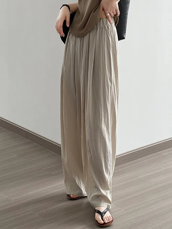 High Waisted Wide Leg Elasticity Pleated Solid Color Casual Pants Bottoms Trousers