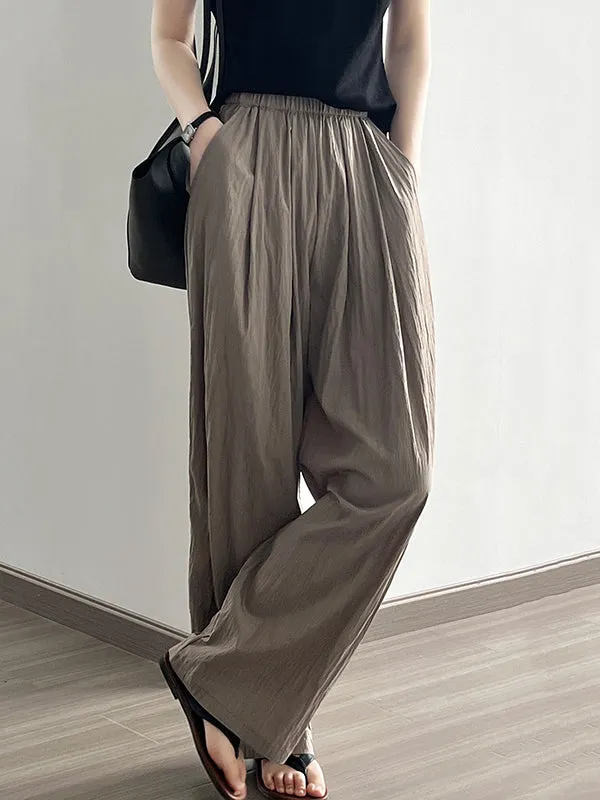 High Waisted Wide Leg Elasticity Pleated Solid Color Casual Pants Bottoms Trousers