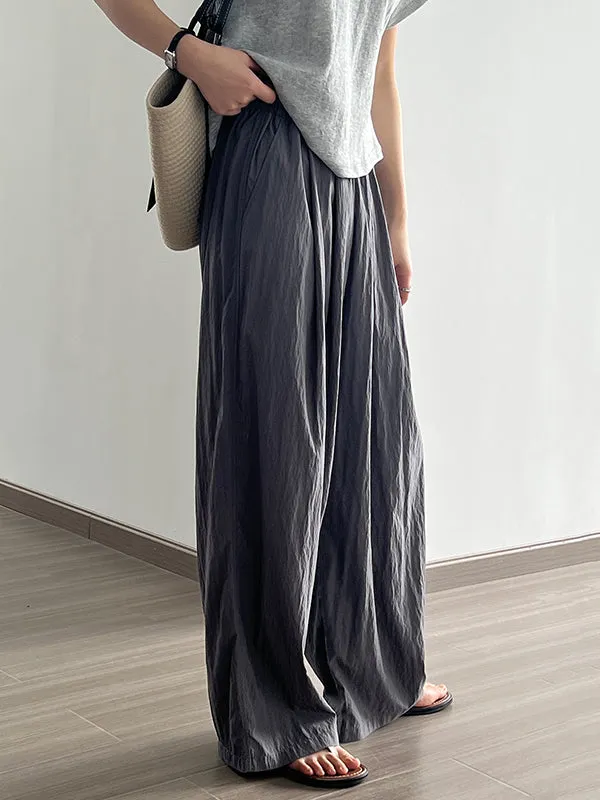 High Waisted Wide Leg Elasticity Pleated Solid Color Casual Pants Bottoms Trousers