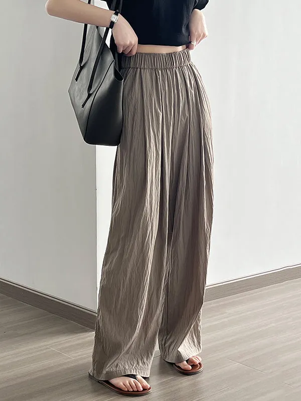 High Waisted Wide Leg Elasticity Pleated Solid Color Casual Pants Bottoms Trousers