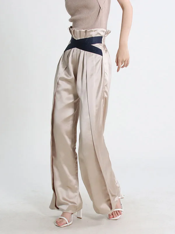 High Waisted Wide Leg Elastics Pleated Casual Pants Bottoms Trousers