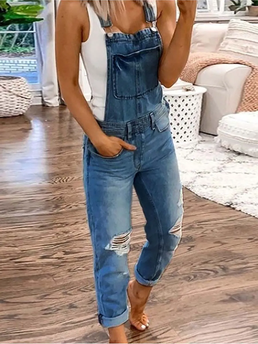 iForgirls Plain Denim Ripped Jumpsuit