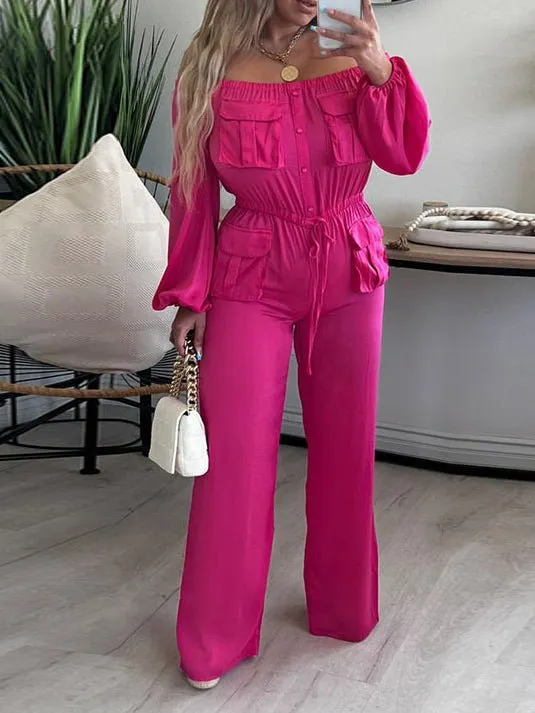 Jumpsuits Solid One Shoulder Long Sleeve Cargo Jumpsuit for Women