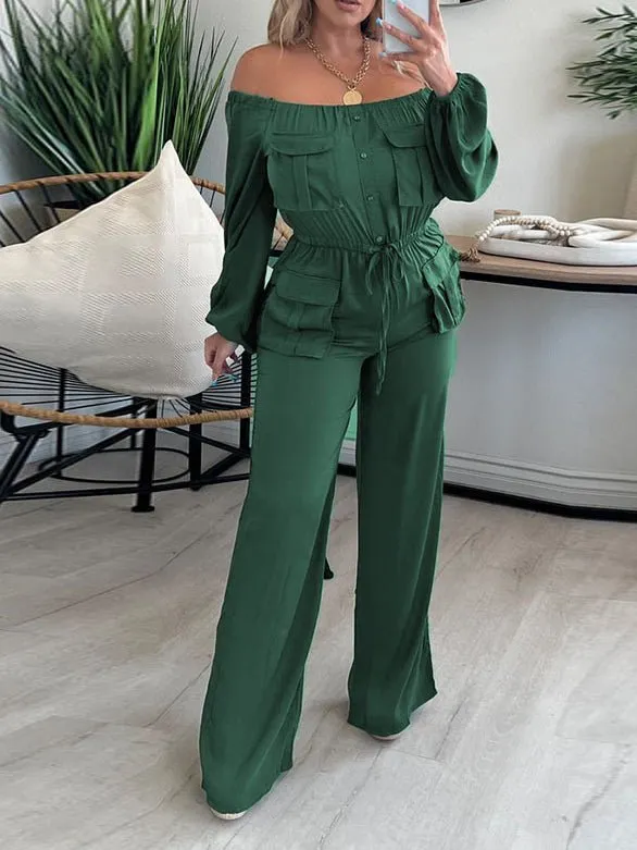 Jumpsuits Solid One Shoulder Long Sleeve Cargo Jumpsuit for Women