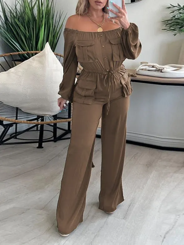 Jumpsuits Solid One Shoulder Long Sleeve Cargo Jumpsuit for Women