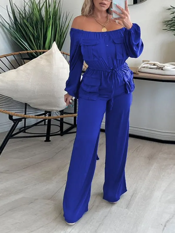 Jumpsuits Solid One Shoulder Long Sleeve Cargo Jumpsuit for Women