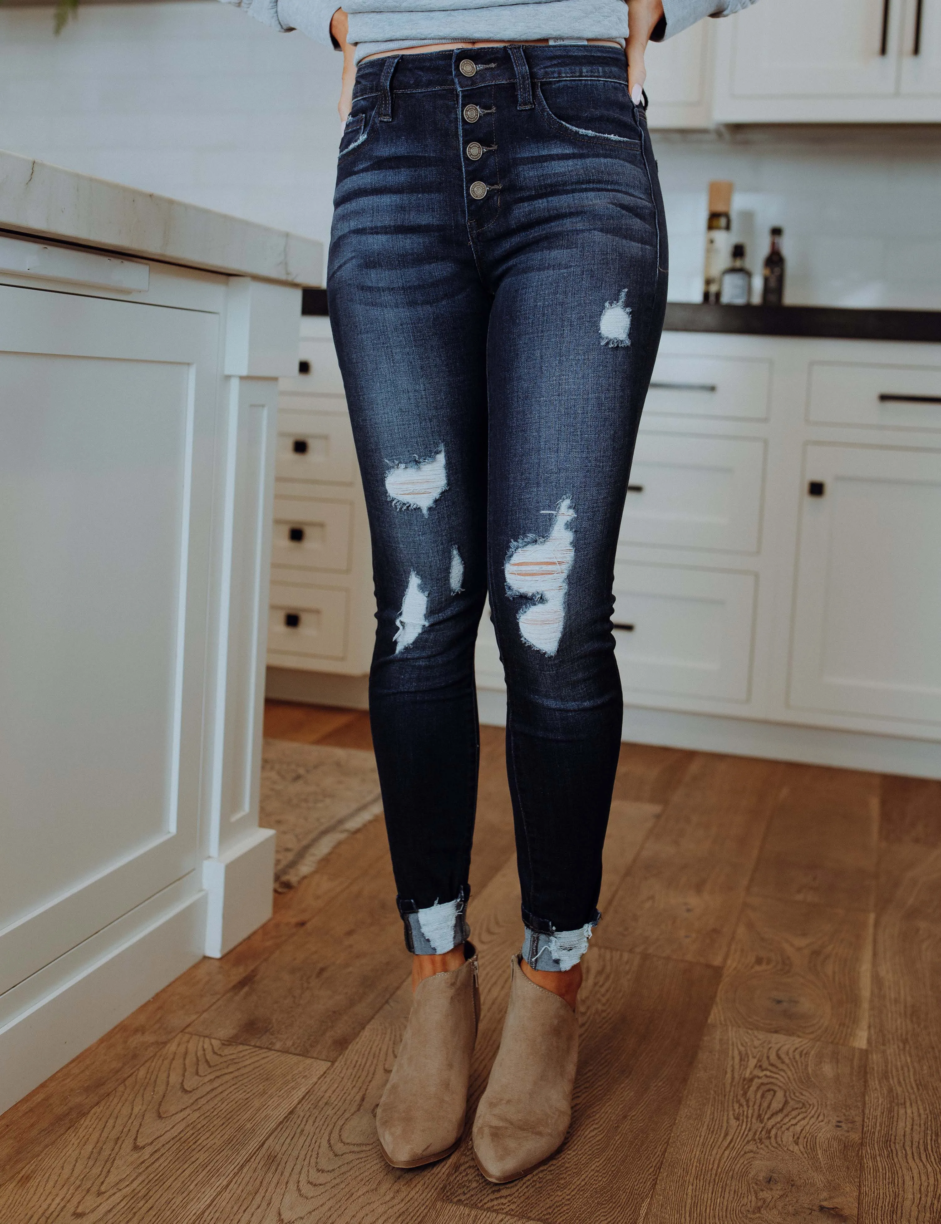 KanCan Distressed Button Jeans