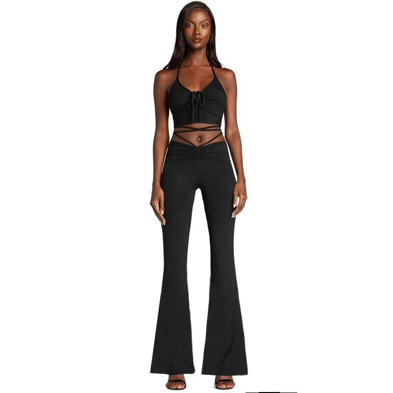 Lace-up crop top & pleated pants two-piece set