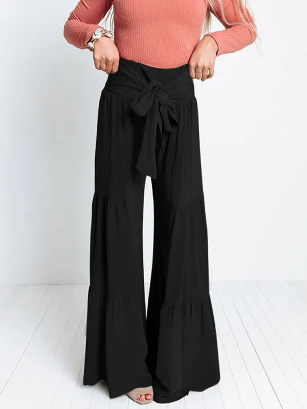 Lace Up Elastic Waist Pleated Wide Leg Pants