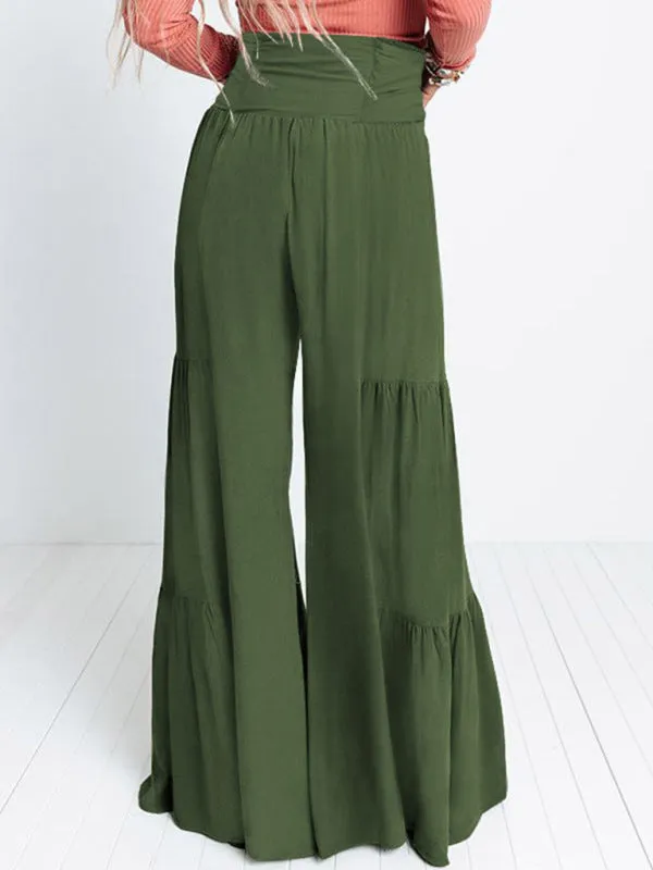 Lace Up Elastic Waist Pleated Wide Leg Pants