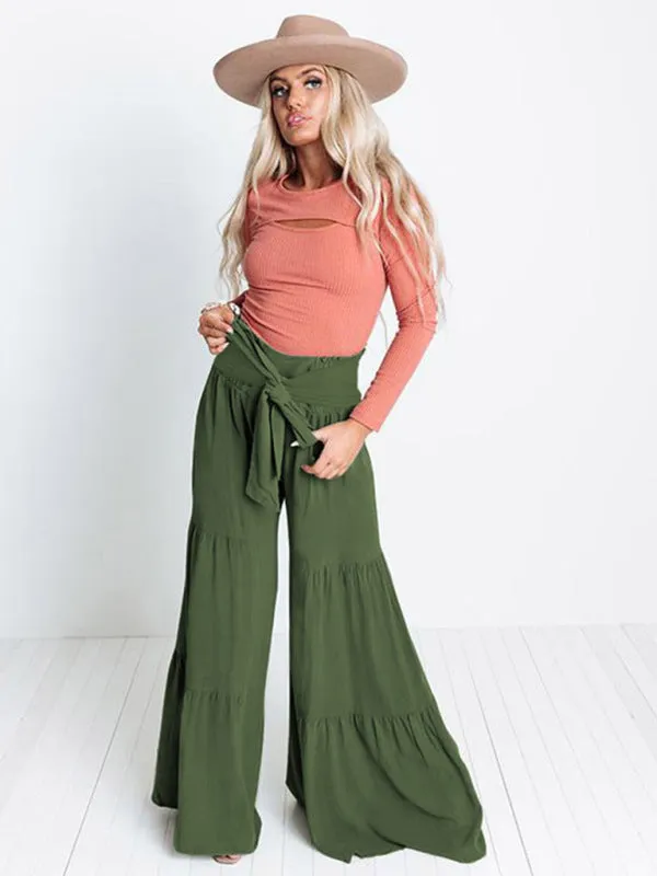 Lace Up Elastic Waist Pleated Wide Leg Pants