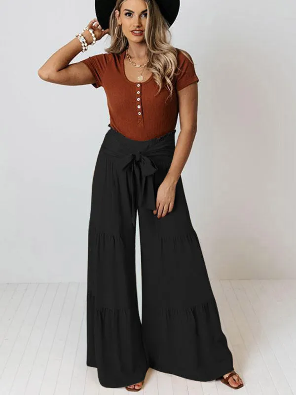 Lace Up Elastic Waist Pleated Wide Leg Pants