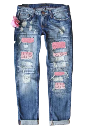 Leopard Patch Distressed Straight Leg Jeans