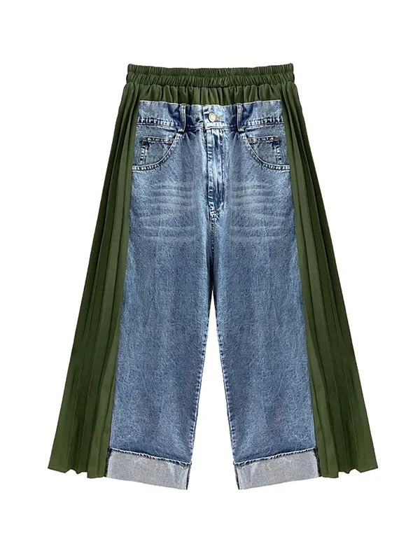 Loose Ninth Pants Contrast Color Pleated Split-Joint Wide Leg Jean Pants Bottoms