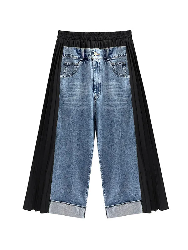 Loose Ninth Pants Contrast Color Pleated Split-Joint Wide Leg Jean Pants Bottoms