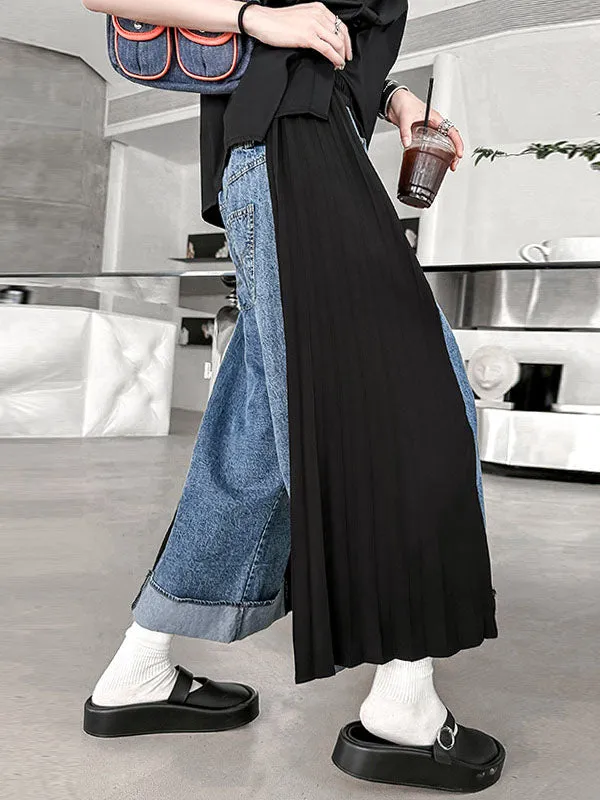 Loose Ninth Pants Contrast Color Pleated Split-Joint Wide Leg Jean Pants Bottoms