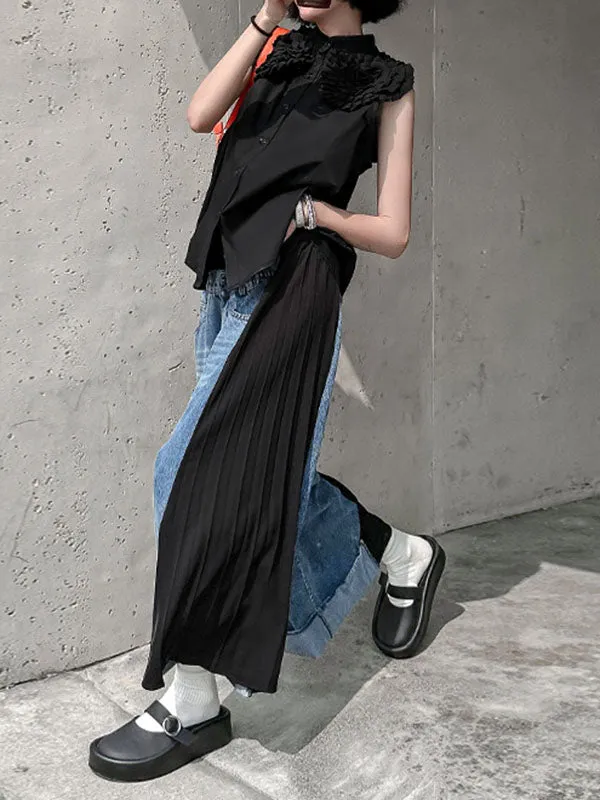 Loose Ninth Pants Contrast Color Pleated Split-Joint Wide Leg Jean Pants Bottoms