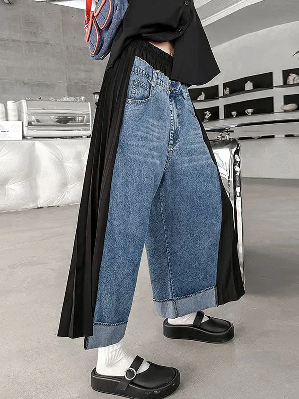 Loose Ninth Pants Contrast Color Pleated Split-Joint Wide Leg Jean Pants Bottoms