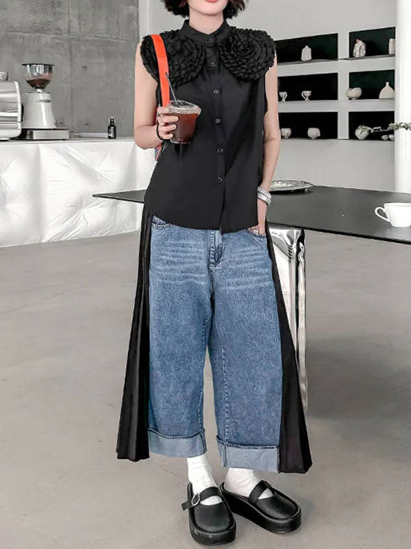 Loose Ninth Pants Contrast Color Pleated Split-Joint Wide Leg Jean Pants Bottoms