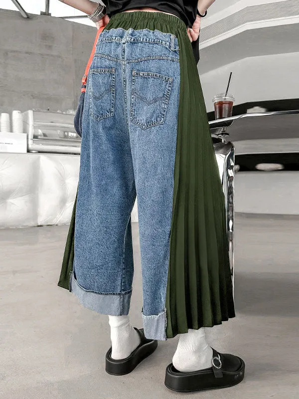 Loose Ninth Pants Contrast Color Pleated Split-Joint Wide Leg Jean Pants Bottoms