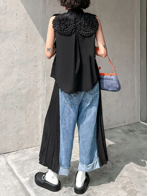 Loose Ninth Pants Contrast Color Pleated Split-Joint Wide Leg Jean Pants Bottoms