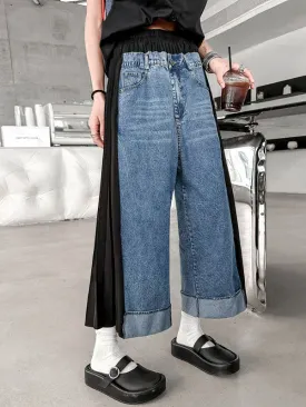 Loose Ninth Pants Contrast Color Pleated Split-Joint Wide Leg Jean Pants Bottoms