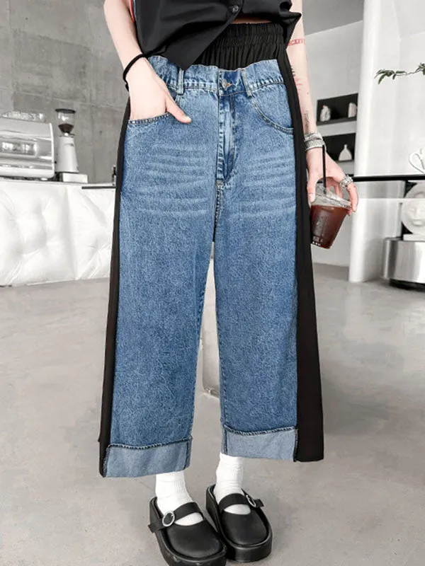 Loose Ninth Pants Contrast Color Pleated Split-Joint Wide Leg Jean Pants Bottoms