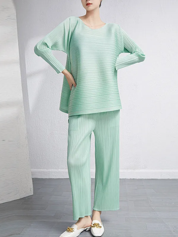 Loose Pleated Solid Color High-Low Round-Neck T-Shirts    Pants Two Pieces Set