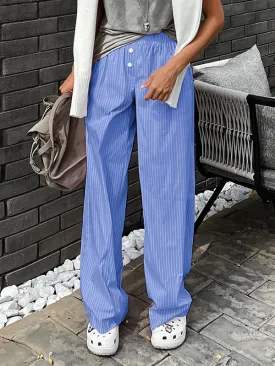 Loose Wide Leg Buttoned Elasticity Split-Joint Striped Pants Trousers