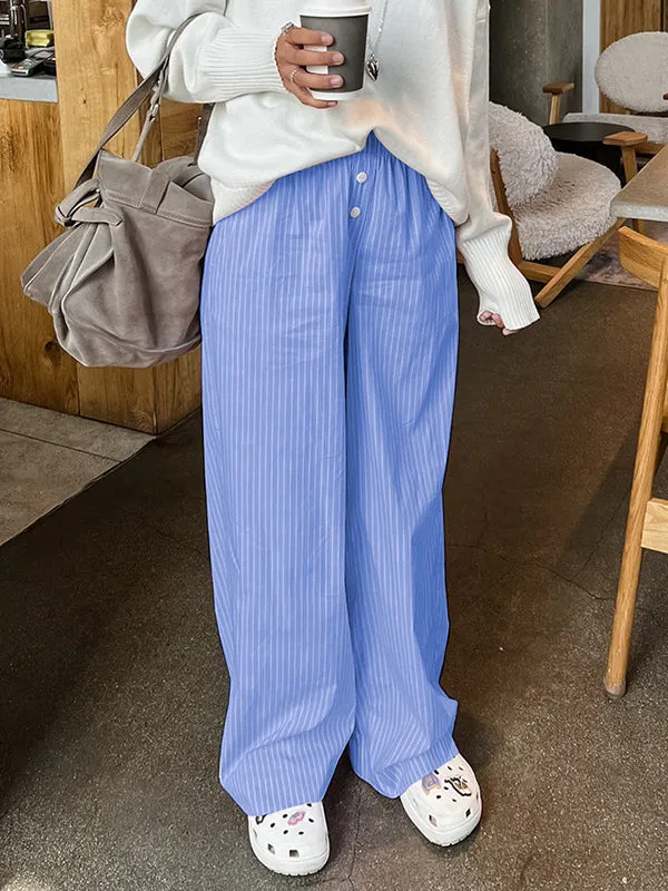 Loose Wide Leg Buttoned Elasticity Split-Joint Striped Pants Trousers