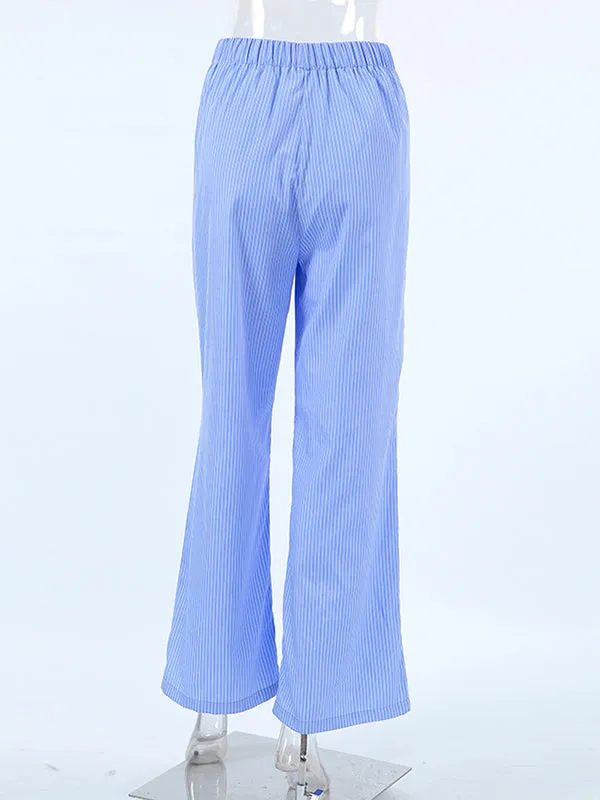 Loose Wide Leg Buttoned Elasticity Split-Joint Striped Pants Trousers