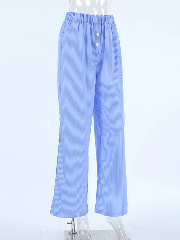 Loose Wide Leg Buttoned Elasticity Split-Joint Striped Pants Trousers