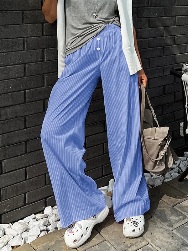 Loose Wide Leg Buttoned Elasticity Split-Joint Striped Pants Trousers