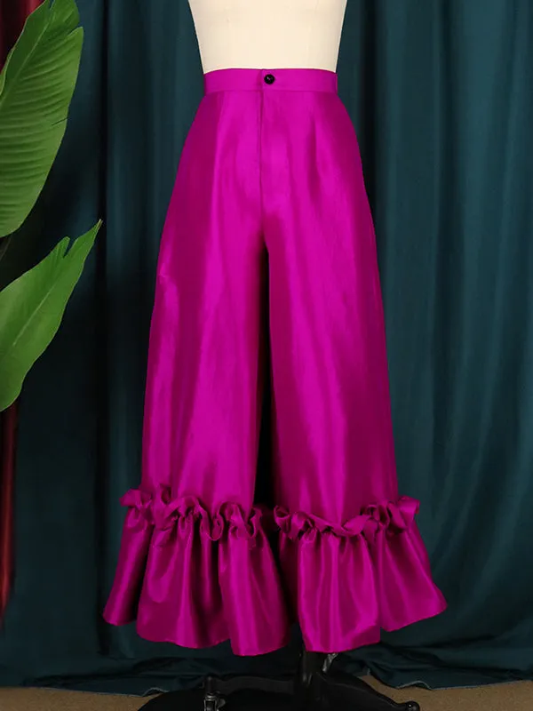 Loose Wide Leg Buttoned Falbala High-Waisted Solid Color Flared Trousers Pants