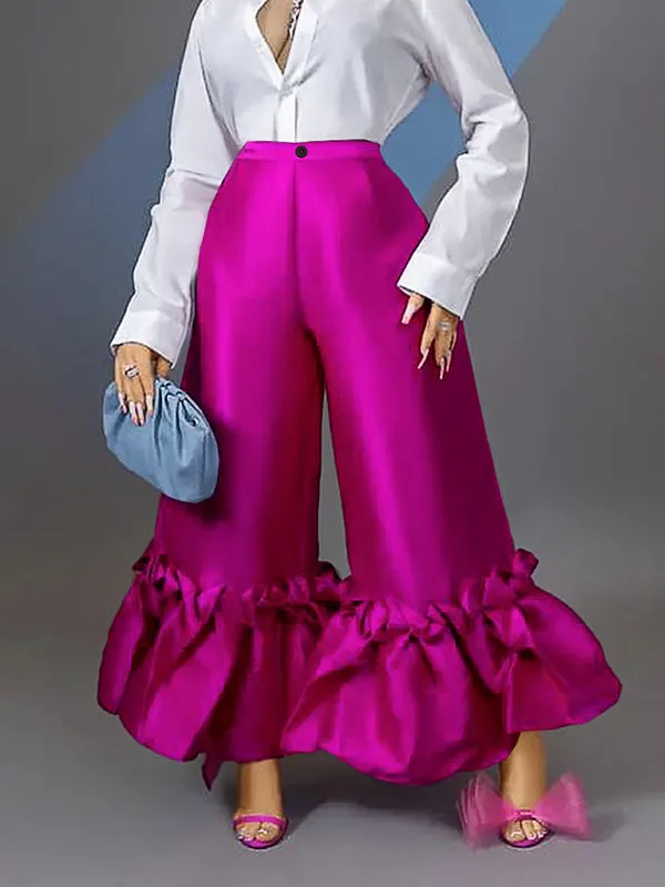 Loose Wide Leg Buttoned Falbala High-Waisted Solid Color Flared Trousers Pants