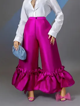 Loose Wide Leg Buttoned Falbala High-Waisted Solid Color Flared Trousers Pants