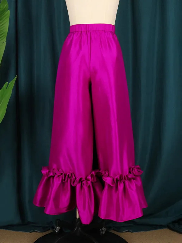 Loose Wide Leg Buttoned Falbala High-Waisted Solid Color Flared Trousers Pants