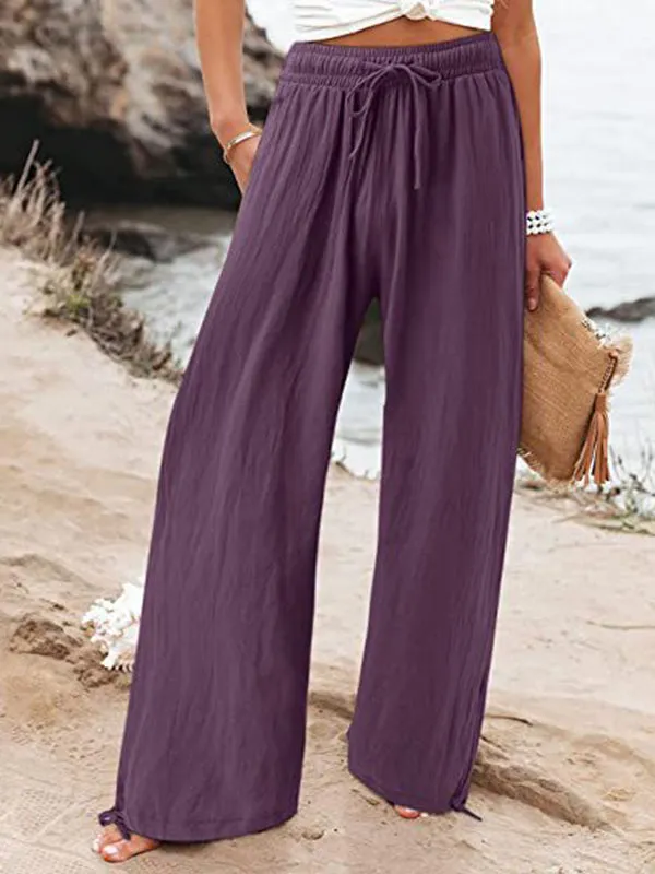 Loose Wide Leg Drawstring Elasticity Solid Color Pants Trousers