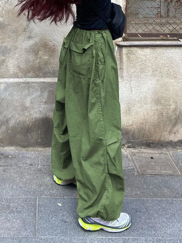 Loose Wide Leg Drawstring Pockets Solid Color Split-Joint Pants Trousers