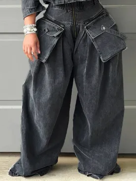 Loose Wide Leg Pleated Pockets Split-Joint Zipper Jean Pants Bottoms