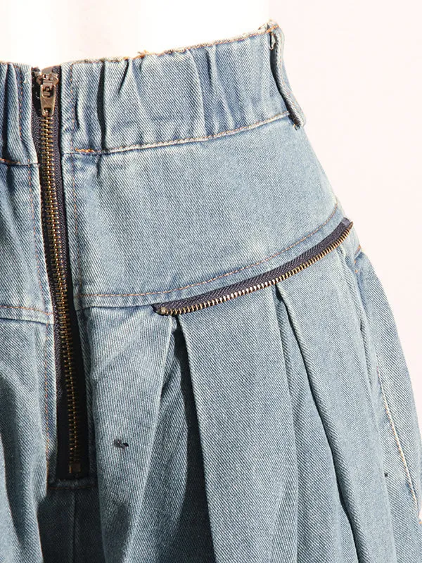 Loose Wide Leg Pleated Pockets Split-Joint Zipper Jean Pants Bottoms