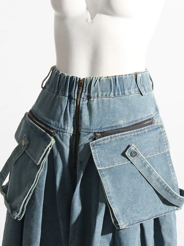 Loose Wide Leg Pleated Pockets Split-Joint Zipper Jean Pants Bottoms