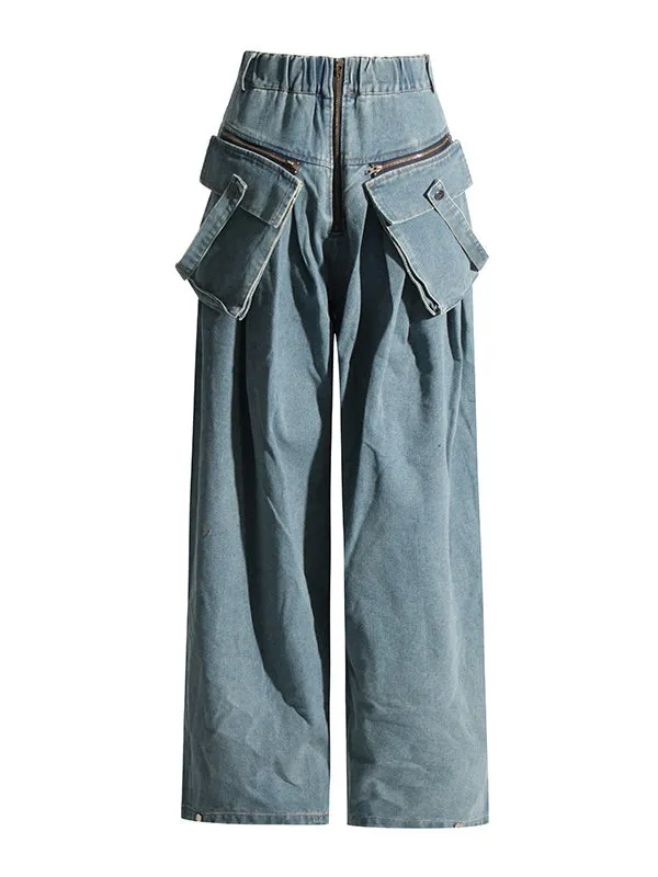 Loose Wide Leg Pleated Pockets Split-Joint Zipper Jean Pants Bottoms