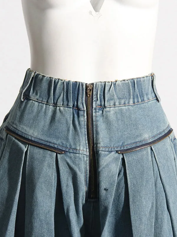 Loose Wide Leg Pleated Pockets Split-Joint Zipper Jean Pants Bottoms