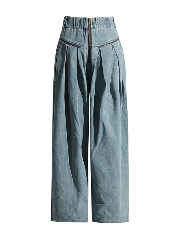 Loose Wide Leg Pleated Pockets Split-Joint Zipper Jean Pants Bottoms