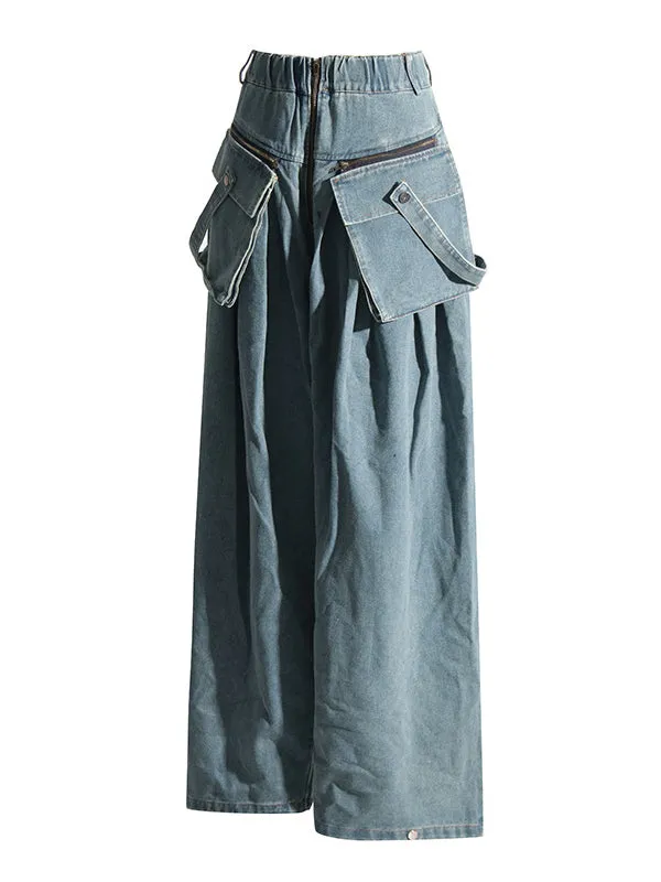 Loose Wide Leg Pleated Pockets Split-Joint Zipper Jean Pants Bottoms